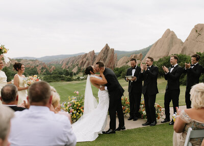 Bride and groom sharing first dance at wedding