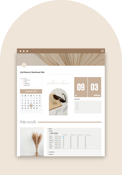 Life notion planner dashboard page