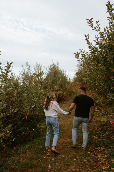 Couple walking through an apple orchard in Carter Mountain, Virginia