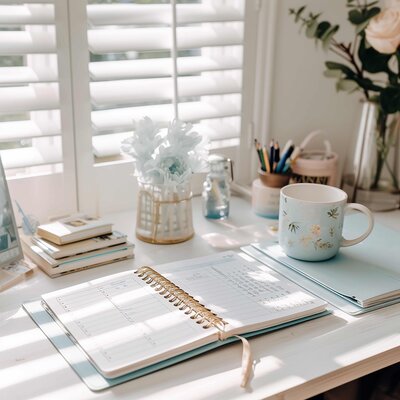 Flat-lay photo of feminine blogging workspace with notebook, pens, mug, and sunlight — visual branding for blog coaching and content strategy