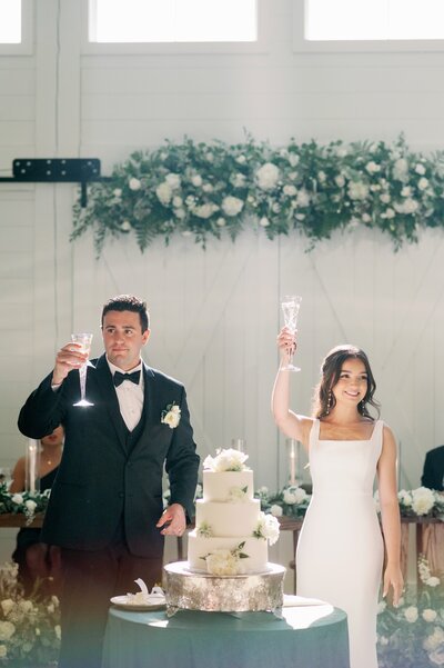 bride and groom raising their glasses during a wedding reception