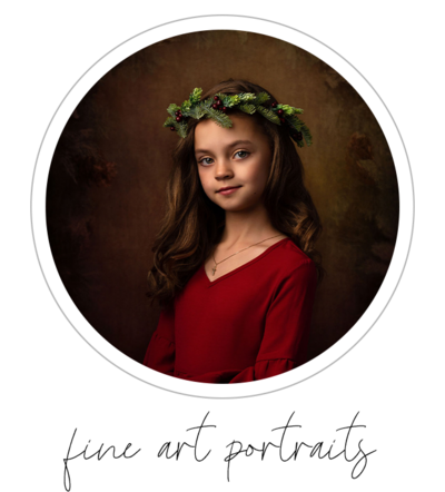 Studio fine art photography session on a brown canvas backdrop . A 10 year old girl in a red dress and Christmas wreath crown.  Shot in a fine art, classic, timeless style by Magnolia photographer Bri Sullivan.