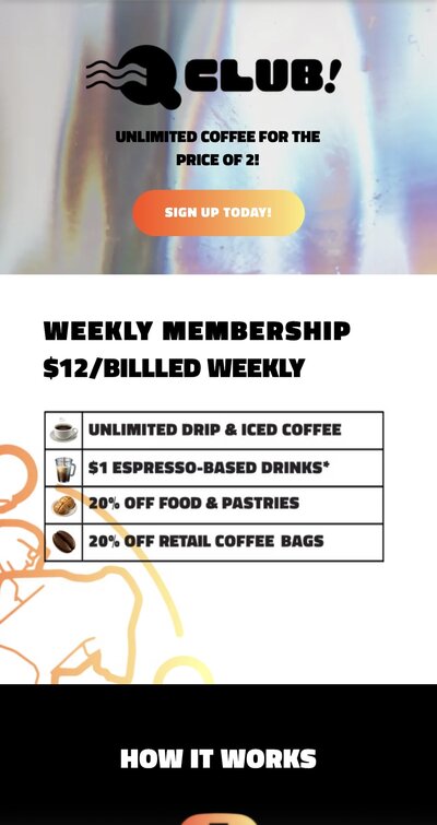Promotional graphic for Quigley Coffee Club subscription offering unlimited drip coffee, $1 espresso drinks, and discounts