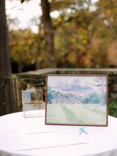 November wedding at Graylyn Estate, designed and planned by Charming Carolina — framed watercolor painting of the venue created by the groom’s brother, displayed at the reception.