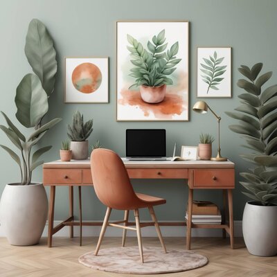Modern desk setup with ZZ plant and whimsical watercolor painting in sage green and terracotta colors