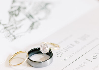 Close up of wedding rings and invitations