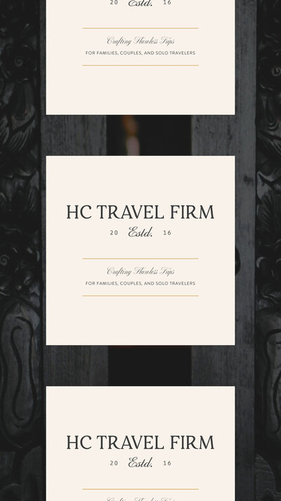 HC Travel Firm logo with tagline on a white square over a transparent black and white image background