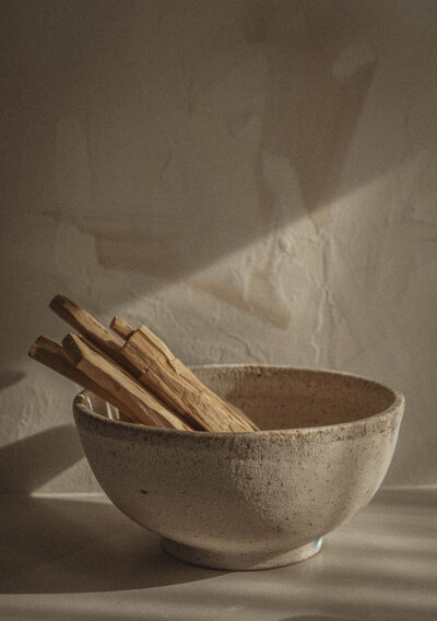 Ceramic bowl with palo santo sticks for spiritual cleansing and grounding rituals with Angelica Ray