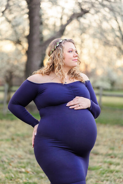 A beautiful pregnant woman wearing a blue dress in the spring.
