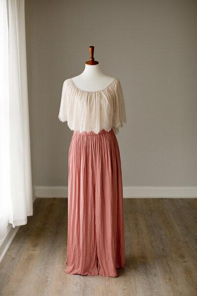 dusty pink maxi skirt with lace off the shoulder top