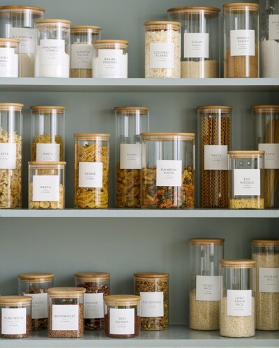 An organized pantry with clear glass storage containers