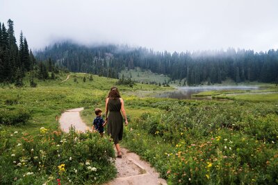 Mother and son walking along trail at Tipsoo Lake