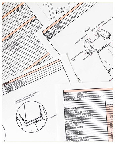 Detailed fashion tech pack and spec sheet examples created by Doreen Apparel to support production and garment accuracy