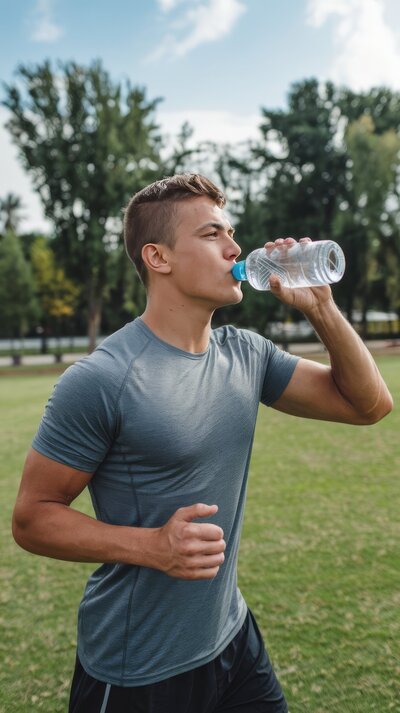 Healthy man running and drinking water