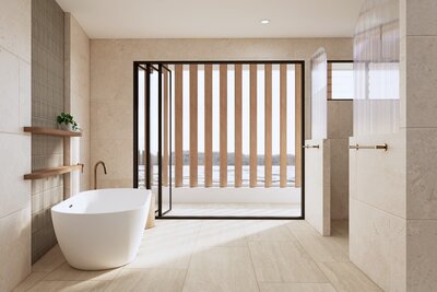 A spacious ensuite at Nova, Newport showcasing a freestanding bath, fluted glass shower screens, and floor-to-ceiling windows with waterfront views.