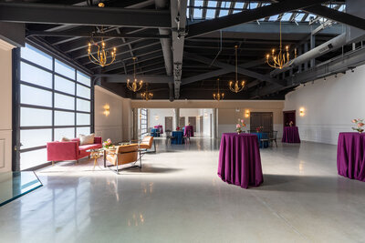 wide shot of large Happy Hour space of Bloom- cocktail hour for weddings, corporate and social events, natural lighting