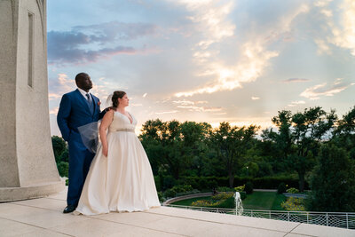 bride and groom posing at the baha'i temple in wilmette, illinois