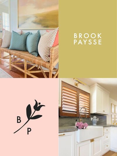 Grid layout featuring interior design photography and secondary brand elements for Brook Paysse Designs, highlighting organic motifs and versatile brand assets in pink, chartreuse, and black.