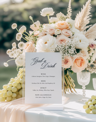 Custom wedding day-of stationery with wedding drink menu in Ontario, Canada – personalized and elegant design.