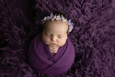 newborn in purple wrapped, butterfly headband