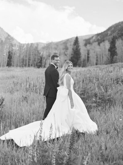 Black and white photo of couple at Vail Colorado wedding