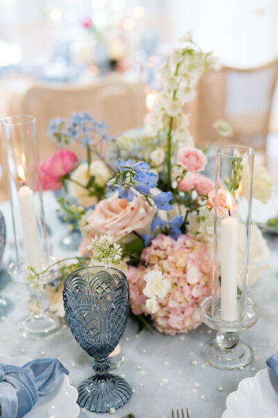 A pink and blue table set up for a baby shower at The Bunny Hive in Roswell, GA