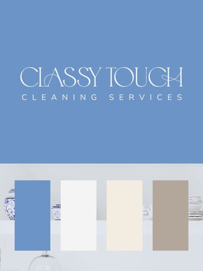 Primary logo for Classy Touch Cleaning Services set in elegant serif typography over a French blue background. Includes brand color swatches in blue, white, cream, and taupe against a styled shelf vignette.