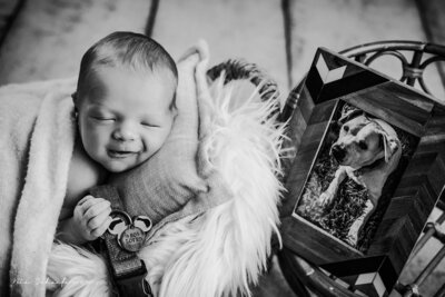 A joyful newborn baby in a basket, smiling brightly, accompanied by a loyal dog, showcasing a sweet moment of companionship.