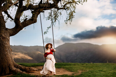 Maternity Photographer, Pregnant mother holding her baby bump on a swing in the hills