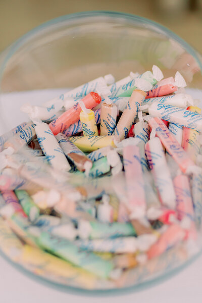 Colorful candies in a clear bowl 