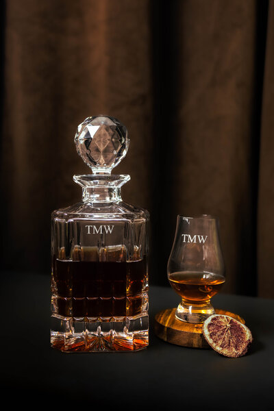 Engraved Whiskey Glass and Decanter Set Ecommerce Product Photography