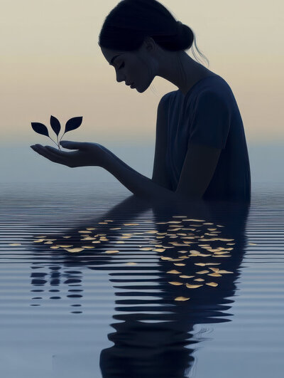 gurudarshan_A_woman_releasing_flower_petals_into_a_calm_river_056d81e4-108f-40fa-8379-212752500bda_3-Edit