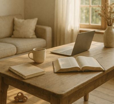 Bible, coffee cup, spiral notebook, and MacBook on coffee table in farmhouse living room