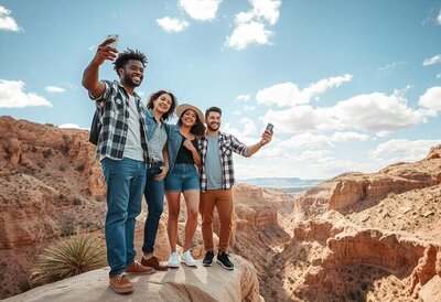 Group of friends enjoying an epic adventure road trip, exploring scenic canyons and hidden off-road locations with a Funki Adventures Jeep rental