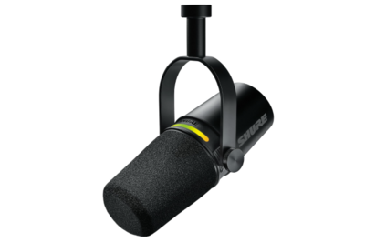 A black Shure MV7+ podcast microphone with a foam windscreen and a sturdy arm mount. Designed for professional-quality audio, it’s a favorite among podcasters and streamers.