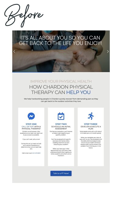 Before image of Chardon Performance Therapy’s website, showing the original design before the redesign.