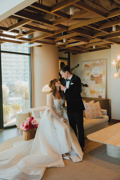 Chic indoor wedding portrait at hotel suite, documented by Central PA wedding photographer