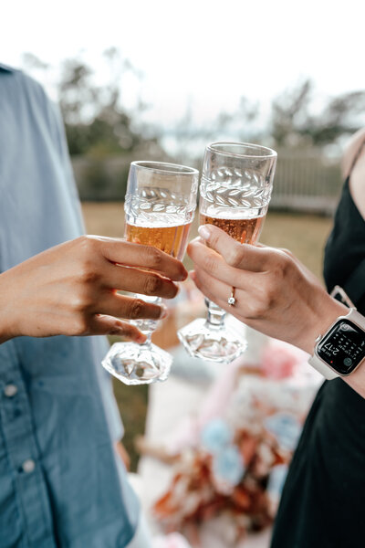 Engagement picnic proposal celebration with Krizzia and Mary pouring champagne in Auckland, photographed by Zanthe Vorsatz.