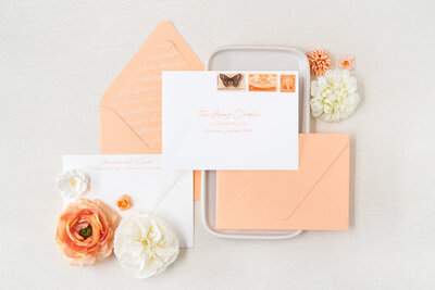 Wedding invitation envelopes with address printing, peach inner envelopes with peach envelope liner and white  ink printing