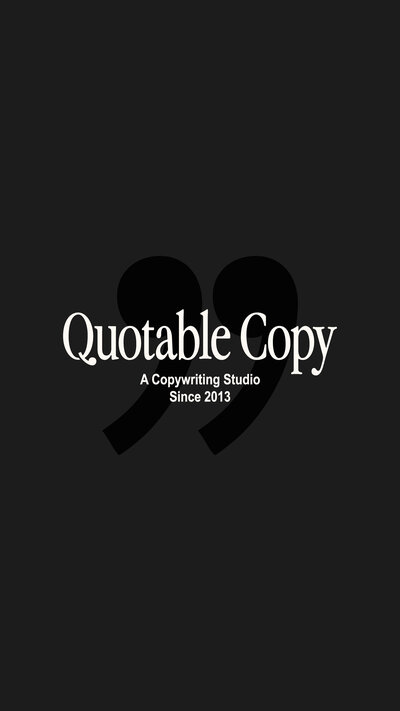 Quotable Copy white logo on top of a black quotation mark icon on a black background