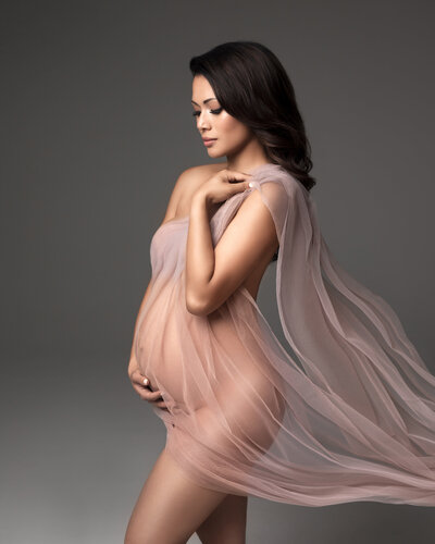 A pregnant woman in a sheer, flowing gown, bathed in soft, ethereal light, creating a dreamy atmosphere in British Columbia, Vancouver