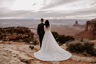 bride and groom over looking the desert