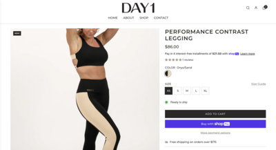 day1fit.com website product page of Performance Contrast Legging