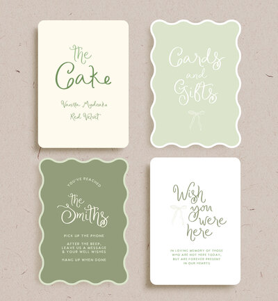 4 options for small signage for your wedding, cake sign, gifts sign, guest bok sign, memory sign