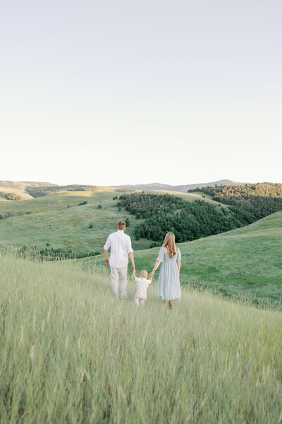 family holding hands walking away