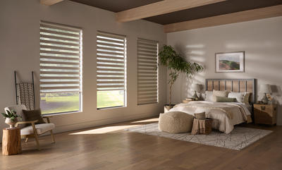 Sheer blinds in a modern bedroom setting