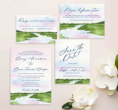 destination wedding invitations low country watercolor painting