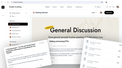 Mac mockup showing the Simple Investing Course. It says "Money Doesn't Have to be complicated."