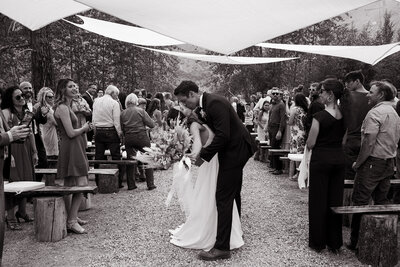 bride and groom kiss as guests celebrate