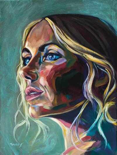 Expressive and colorful oil painting portrait of blonde woman's face